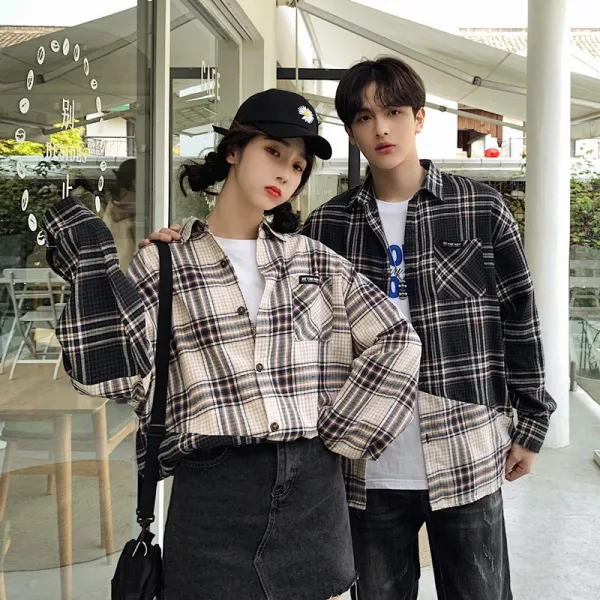 가을체크셔츠 멜란 긴 소매 커플룩 심플 보이핏 볼륨 디자인감각 외 와이셔츠 교복 코트 2714967037