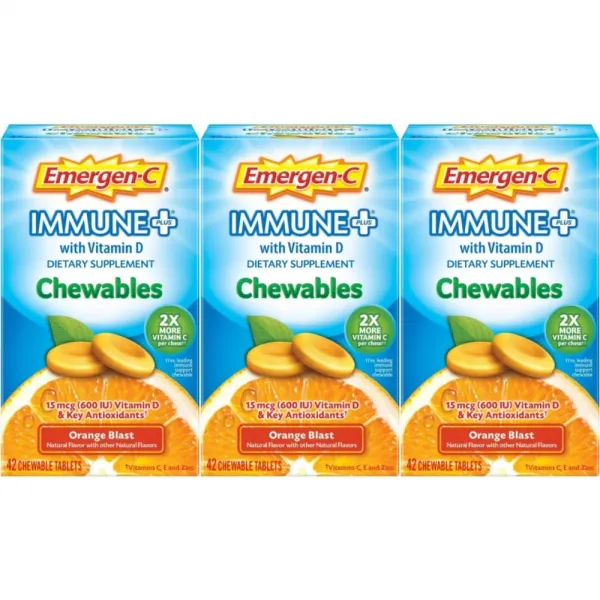 어머전씨 Emergen-C Immune+ Chewables 이뮨 비타민 C D3 E B6 비오틴 아연 함유 츄어블 오렌지맛 42정 3병, x, 1개
