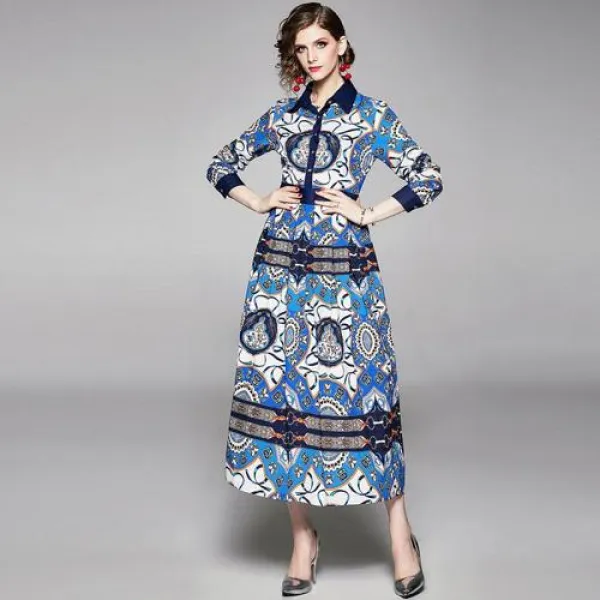 고급 여성 원피스 드레스 홍콩 스타일의 복고풍 여성 이른 옷깃 긴팔 블루 프린트 높은 허리 주름 긴 드레스_34998