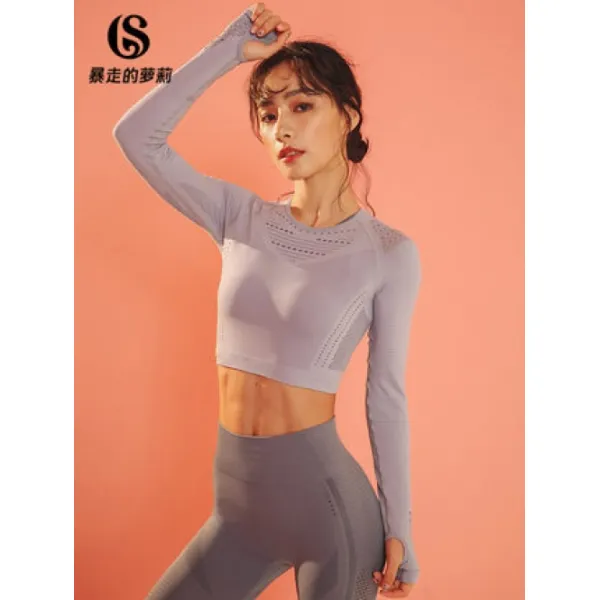 SUIHAN 폭주하는 로리 메쉬 크롭 긴팔 여 스판티셔츠 러닝 헬스 요가 상의