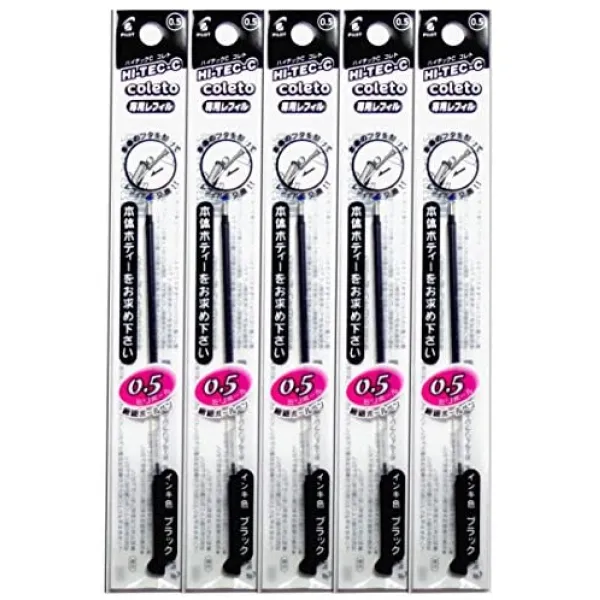 [해외직구]Pilot Hi-Tec-C Coleto 젤 잉크 펜 리필 0.5mm 5 Set Black (Japan Import), 1개, One Color