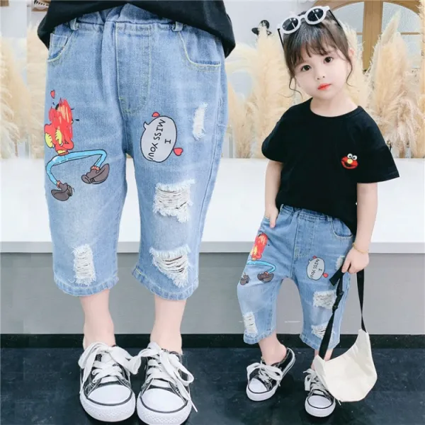 월 산토끼 계집 캐릭터 디스트로이드 데님 칠부바지 오