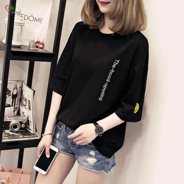면 라운드넥 심플 스마일 타이포 반팔 티셔츠 YJS298