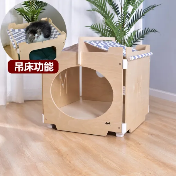 애견하우스 다층 조합 고양이집 별장 실내 강아지하우스 애견집 밀폐식 고양이 목제 셀럽 C01 그레이블루 체크 천커버 