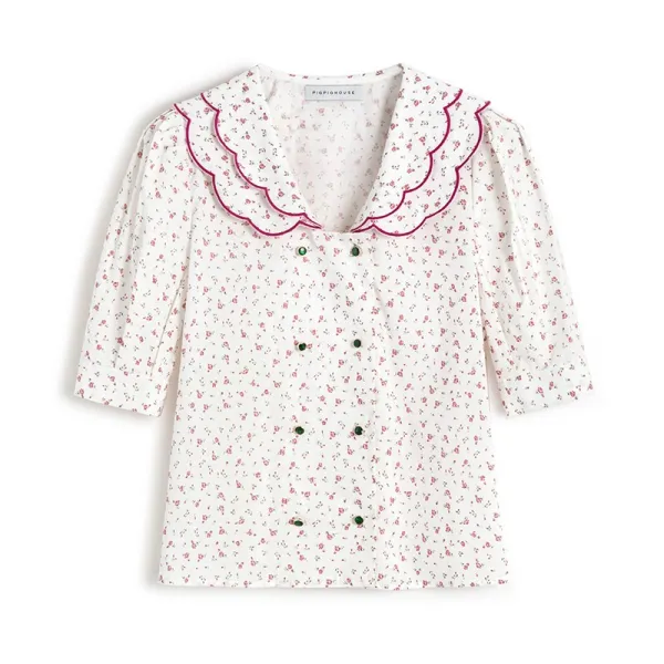 hellobuy PPH 보이핏 볼륨 디자인 달콤하게 달아나다 21 여름 와이드 루즈핏 꽃잎 넥 빈티지 등 농소매 플라워