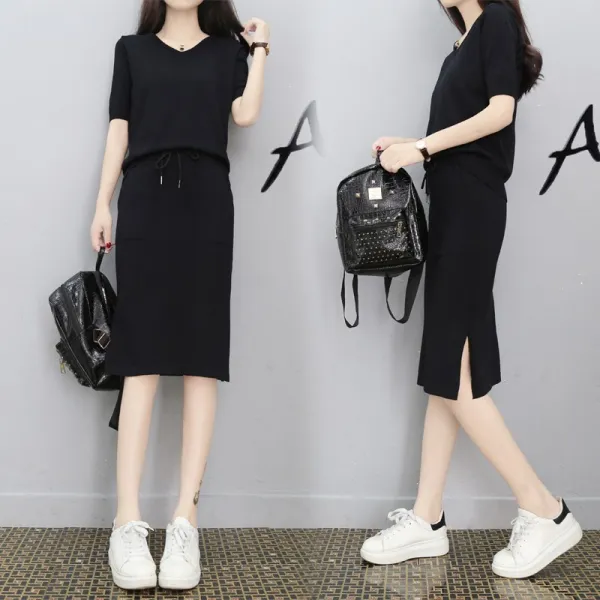 패션이루 단가라 긴팔 티셔츠 여름 니트 세트 투피스 H라인 롱