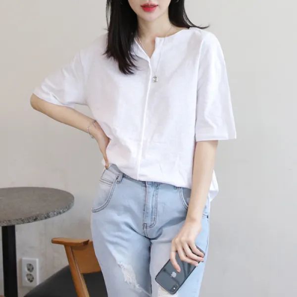 플레이팝 여성용 4컬러 심플 절개디테일 코튼 베이직 5부 박스 티셔츠 반팔