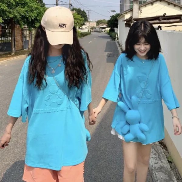 kirahosi 키라호시 여성 코튼 반팔 티셔츠 여름 새 일 인터넷 연예인 3D 토끼 인쇄 디자인 감각 틈새 느슨한 탑 A150Pt