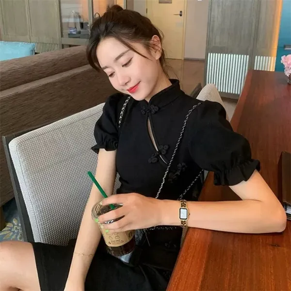 치파오 년 신법식 소중 젊은 소녀 개량형 블랙 원피스 숏 슬림 섹시