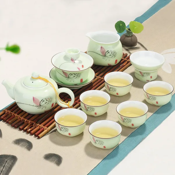 디어 청자 어류 찻잔 음미 도자기 쿵푸 다기 가정용 주인 잔 차 개인 간략 11건커버 비취 연꽃