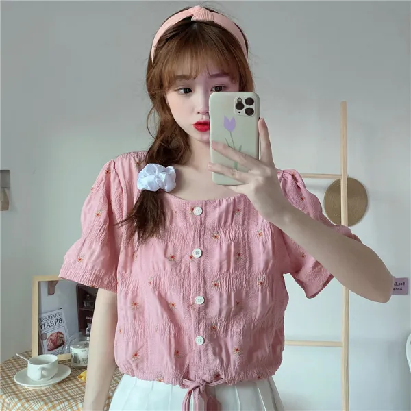선녀의 쇄골 상의 해 여름 신법식 풋풋 학생 줄넘기 쇼트 플라워 블라우스 여