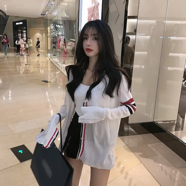 년 신망 레드 살얼음 실크 니트 외여 가을 chic 선 짱 긴팔 자외선 차단 카디건