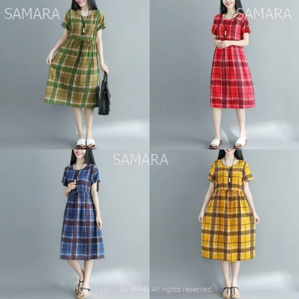 Qterra 특허브랜드 반팔 빈티지 빅사이즈 슬림 체크 원피스 루즈핏 린넨