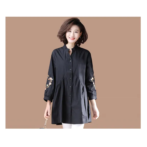 에니몰즈 자수셔츠 뚱뚱한 여자 누이동생 큰옷셔츠 여구 MM 슬림핏 꽃자수 상의 가을옷 여성