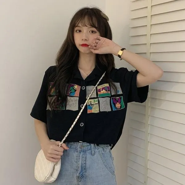 스타일리쉬 프린팅 빈티지 귀여운 반팔남방