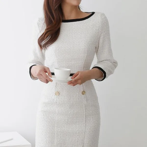할인존Wx23H23 라운드 배색 원피스 1040279 DRESS 모직원피스 블랙 Black 아이보리 Ivory 오피스