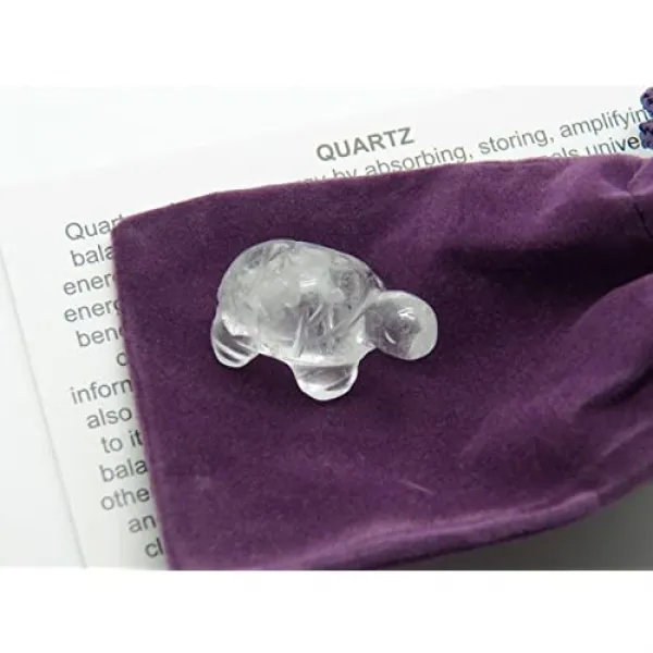 근본적인 Rockhound 제품 : 1 손으로 조각 된 거북이 보석 크리스탈 정보 카드 및 파우치 크리스탈 쿼츠 White Clear 