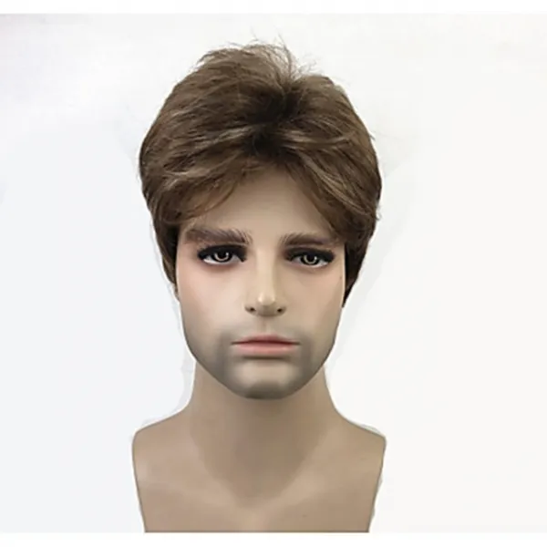 HAIRJOY 검은 가발 남자 짧은 곱슬 머리 계층화 된 합성 머리 갈색 가발 무료 배송, 01 8inches, 02 mix color
