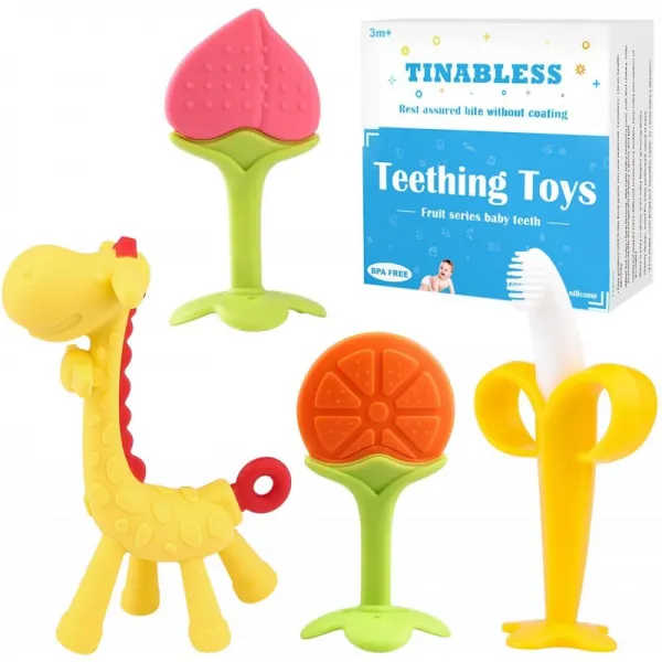 Tinabless Teething 장난감(4팩) 아기 Tething 장난감 세트/베이비 테더 쫄깃 토이/농아 및 유아용 자연유기 냉동기 안전/B, 단일옵션, 단일옵션