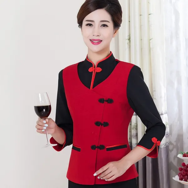 중식당 농가 락 종업원 작업복 여 칠부 소매 별급 호텔 샤브샤브집 전채 생업복 맞춤, XXL 여성 레드