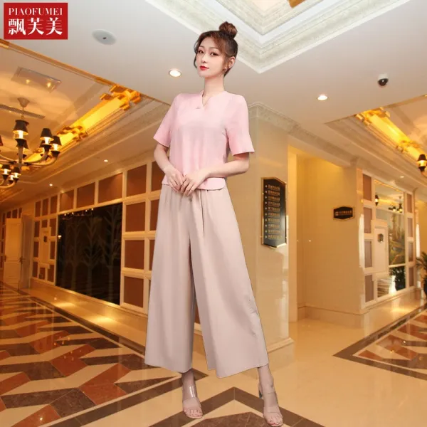 코스모스 복장 마사지사 작업복 양생 회소 순면 코튼 미용사가운 룩 여성 발마사지 카고 여름 족욕, XL 분홍