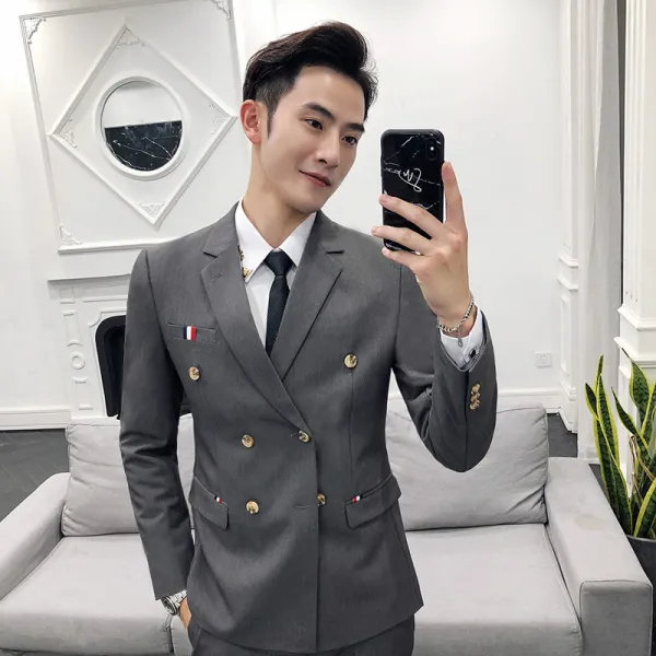 슬림 더블 브레스트 영국 스타일의 정장 사계절의 캐주얼 작은 정장 재킷 투피스 남성 한국어 버전, 회색 긴 소매 (싱글 슈트)