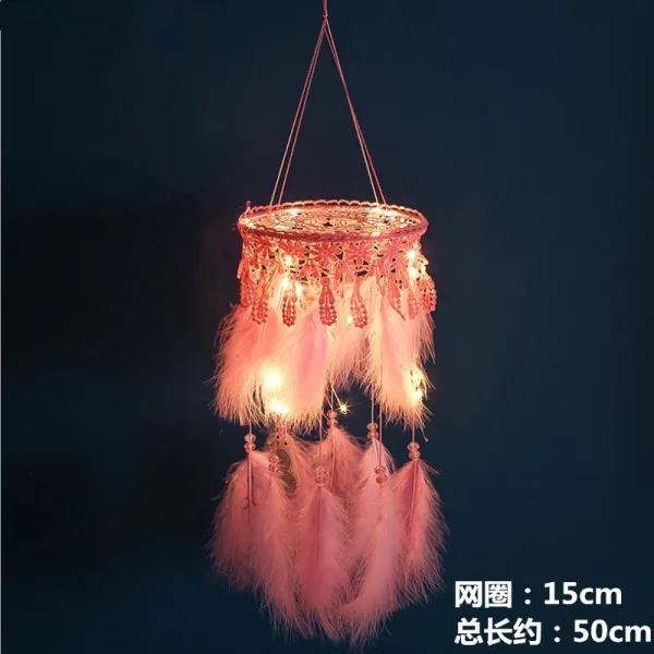 드림캐쳐 드림캐처 깃털 풍경 걸이식장식 가구 실내 인테리어 거는장식 창의적 공중 장식품 등장식 선물 T15 15cm핑크 홑겹 라이트내재 타입 블루 선물케이