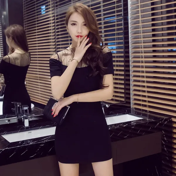 랩원피스 섹시한 깊게패인옷 망사 결합 유행패션 슬림핏 시스드레스 짧은치마 여름옷 유럽 여성패션 예복 트렌디