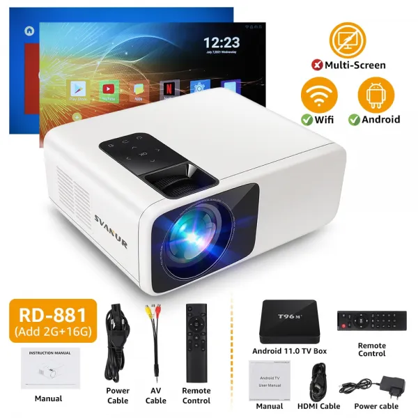 TV 박스와 함께 Svanur 풀 HD 네이티브 1080P 휴대용 프로젝터 비머 LED 7000 루멘 LCD 비디오 오디오 비디, 03 RD-881 add OS 16G