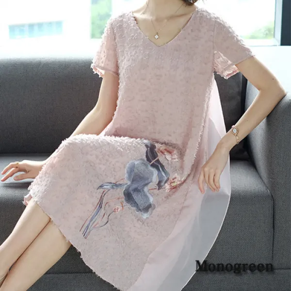 모노그린 꽃자수 옆라인 레이스 브이넥 빅사이즈 원피스 드레스ssdr342