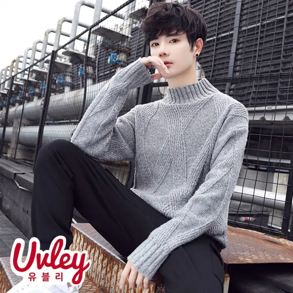 유블리 남성 겨울니트 데일리 데일리룩 대학생룩 따뜻한 봄 가을 겨울 유니크 레이어드룩 저렴한 라운드 슬림핏 스트라이프디자인 몸좋아보이는 니트 티셔츠 UV2114041HJ