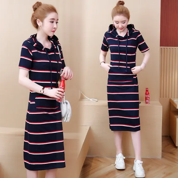 패션이루 미시 후드 반팔 원피스 여름 롱 캐주얼 슬림핏 여성