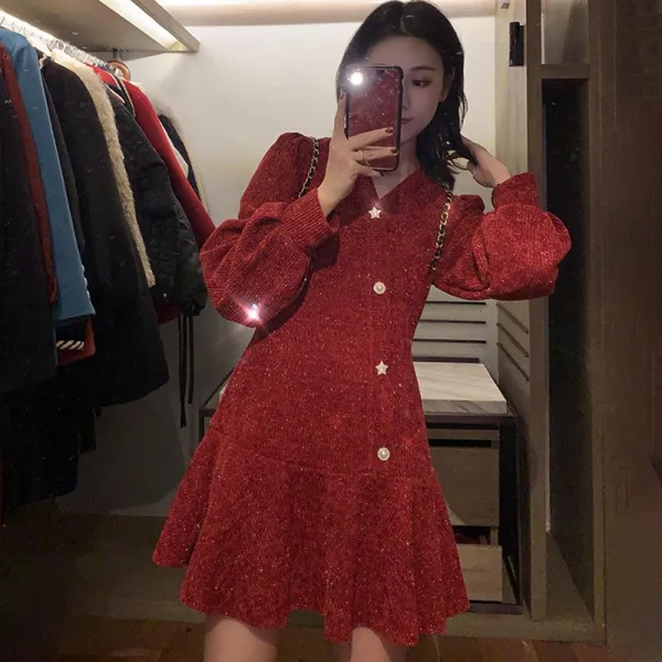 A라인스커트 상큼한 빨간색 V넥 여성원피스 가을겨울셋트 명년 빈티지 프랑스타입 아름다운 레드색치마 이너