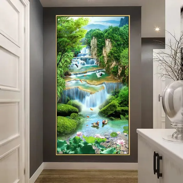 산속 계곡 폭포 풍경 재물복 풍수 비즈 보석십자수, 70x120cm