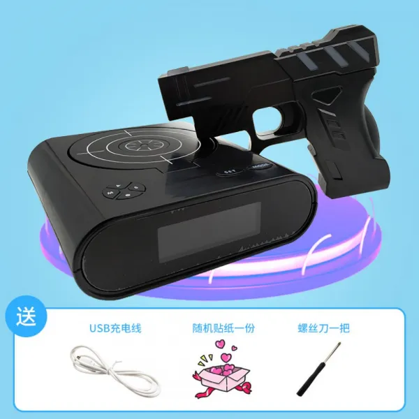 LED 무조건 일어나는 과녁 건 클락 권총 알람 디지털 탁상 모닝콜 데스매치 강철부대 선물 시계 사격, 블랙  / USB 충전선케이블