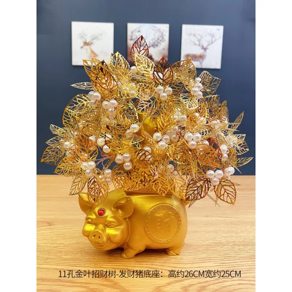 데코용품 수공 구슬꿰미 diy가지와잎 금지옥엽 재물을부르는 재료세트 파키라 돈줄 장식 장식품, 11 구멍 금박 럭키 트리 복 돼지