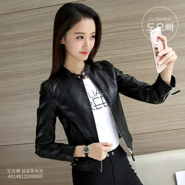 도오빠 여성 가죽자켓 슬림 자캣 봄 가을 캐주얼 라이더 자켓 Pu가죽 여자가죽자켓