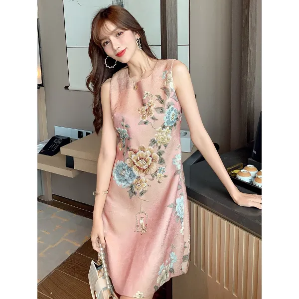 치파오 온유 여성스러운느낌 여름시즌 프랑스타입 아름다운 고급 비딩장식 핑크 일상 원피스 분위기있는 예복