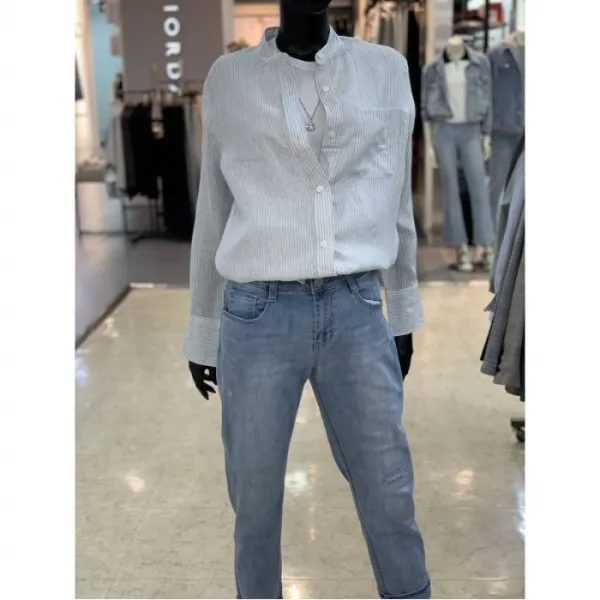 [닉스(NIX)] W몰 NIX 여성초여름 린렌 세미오버핏 스트라이프 헨리넥셔츠 NPECSL