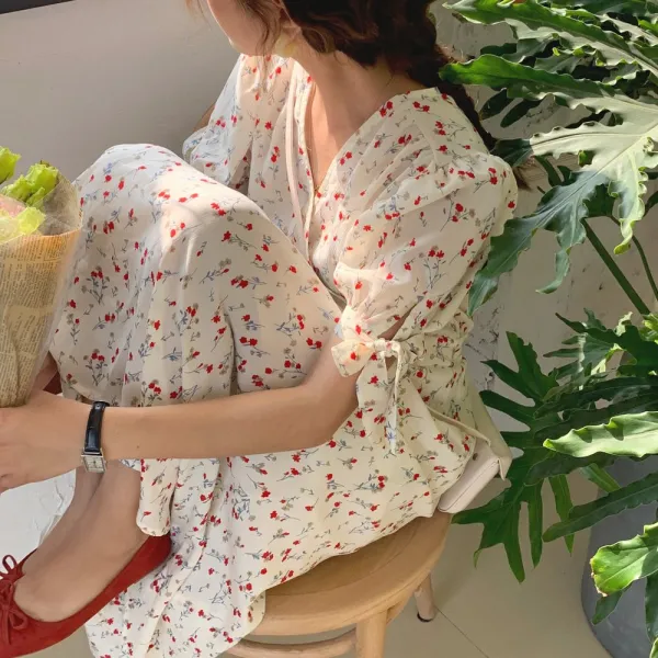 넷투넷 V넥 꽃무늬 퍼프소매 랩스타일 롱원피스 나들이룩 여친룩 592376024656