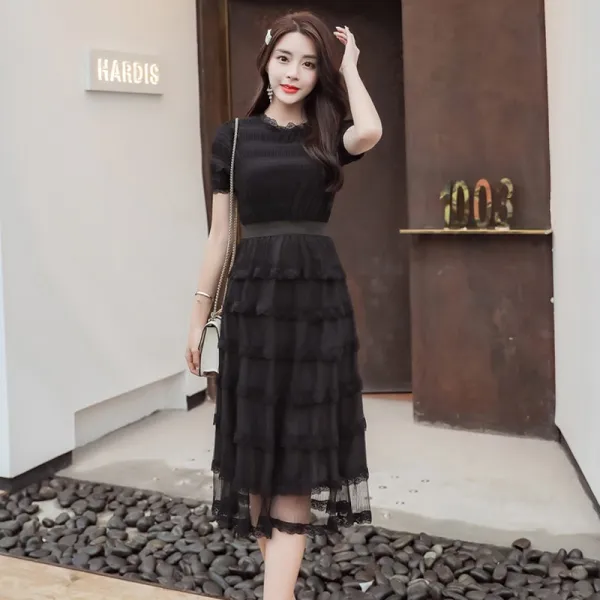 패션이루 레이스 반팔 쉬폰 원피스 라운드넥 캉캉 여름 여성