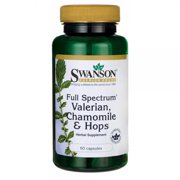 Swanson 스완슨 Full Spectrum Valerian Chamomile & Hops 풀 스펙트럼 발레리 안 카모마일 홉 60캡슐, 60정, 1세트