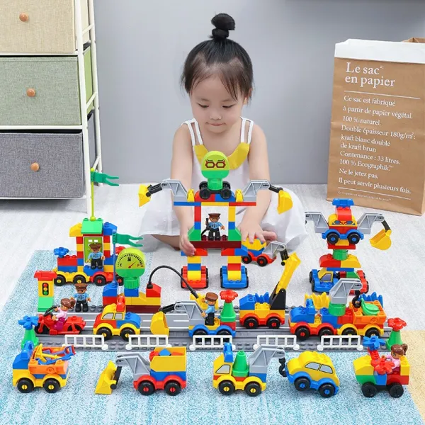 쌀 (temi) 151 알갱이 공사 차량 블록 + 2 바닥 판 도시 교통 조립 百 度 자동차 가방 창의 조립 블록 장난감 통 포장