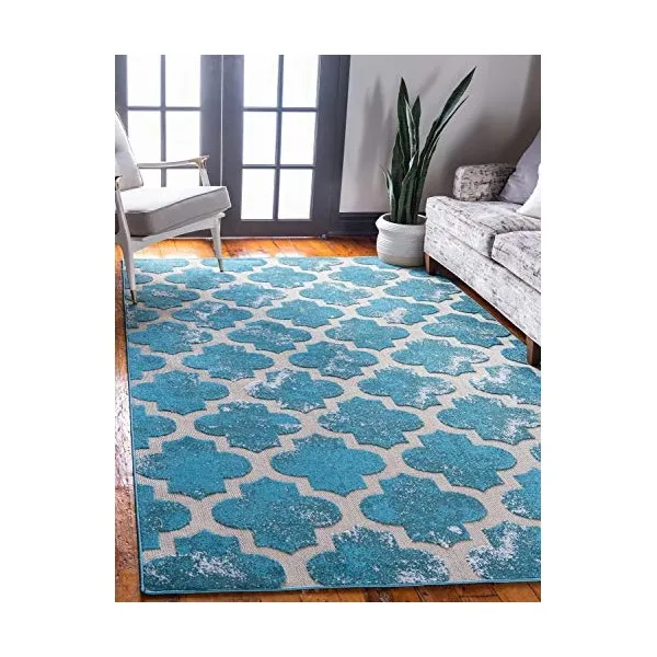 독특한 Loom 야외 격자 컬렉션 빈티지 기하학적 과도기 실내 및 야외 Flatweave 청록색 지역 깔개 (152 x 244cm), One Color