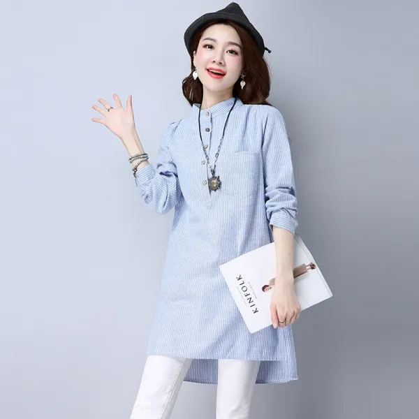 가을옷 빅사이즈 하프기장 앞이 짧고 뒤가 길다 면린넨 스트라이프 상의 와이드 루즈핏 배가리기 슬림핏 차광판 셔츠