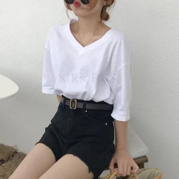 kirahosi 여자 여름 대학생 브이넥 반팔 단정한 티셔츠 + 덧신 증정 BPox9eio