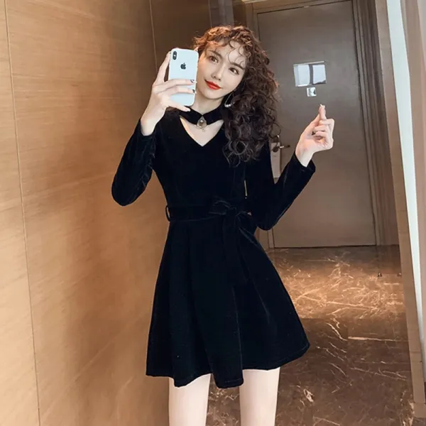 겨울 가을 벨벳 벨트 홀가먼트 원피스 여성 미니 드레스다 평소 양장 프렌치 볼륨 보이핏