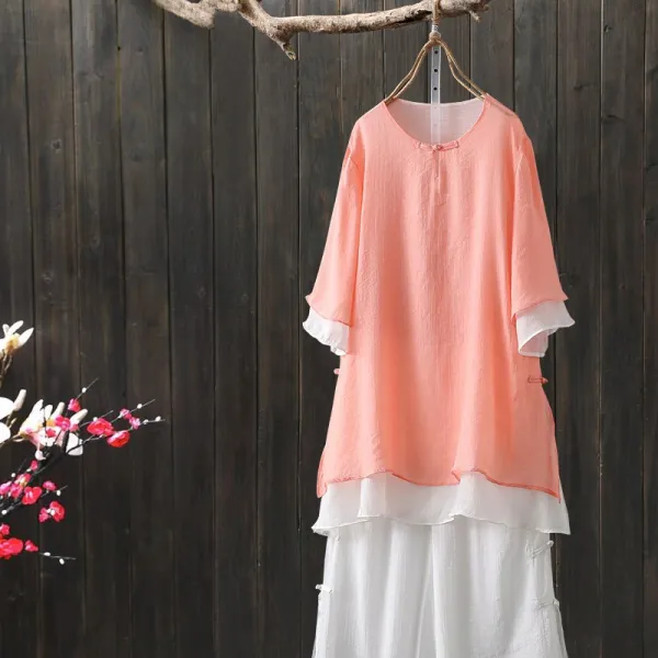 샵솔베이지 코튼 린넨 여름 여성 이중 티셔츠 마 블라우스