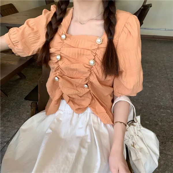 머메이드 상의 숏여자 현아 바람 쇄골 매너 프레이치 복고 퍼프티셔츠 여자 디자인 감각 개성화