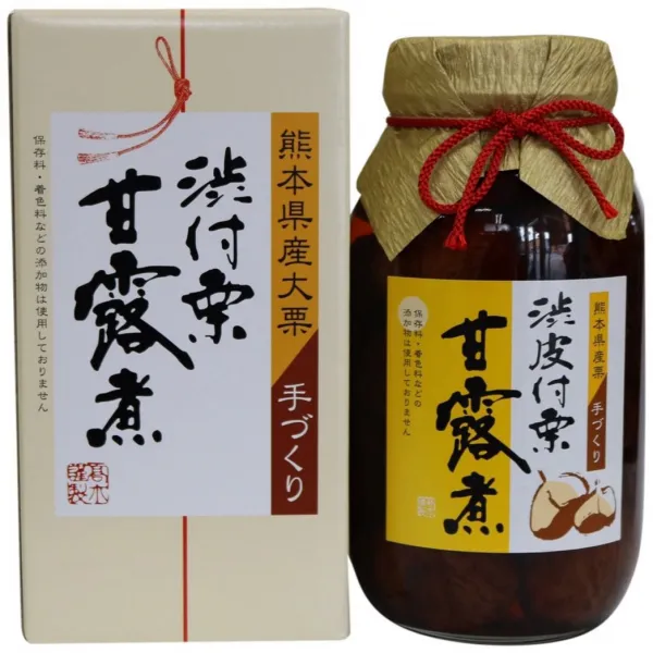 熊本県産の大粒の栗だけを使用した　渋皮付栗甘露煮　大瓶　1100ｇ（固形620ｇ） 구마모토 현산 굵은 밤만을 사용하여 속껍질있는 밤 조림 대병 1100g (고형 620g), 1